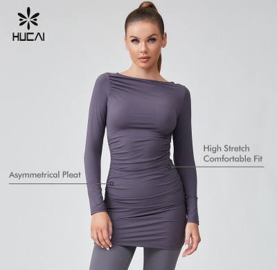 HUCAI Sportswear Manufacturer|Custom Logo Double Sided Fabric Asymmetric Pleated Long Sleeved Dress