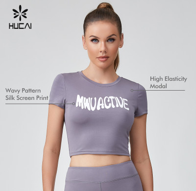 HUCAI Sportswear Manufacturer|Custom Modal Spandex Wavy Pattern Silk Screen Crop Gym T Shirt