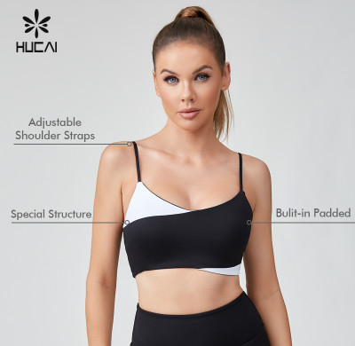 HUCAI Sportswear Manufacturer|OEM Black And White Overlap Thin Strap Padded Sports Bra