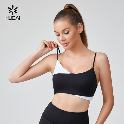 HUCAI Sportswear Manufacturer|OEM Black And White Overlap Thin Strap Padded Sports Bra