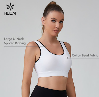 HUCAI Sportswear Manufacturer|Custom Big U-neck black And White Spliced Tennis Sports Bra