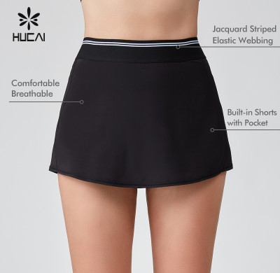 HUCAI Sportswear Manufacturer|Custom White Jacquard Striped Webbing Build In Shorts Tennis Skirt
