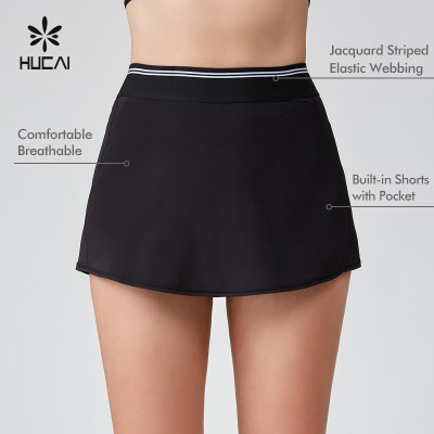 HUCAI Sportswear Manufacturer|Custom White Jacquard Striped Webbing Build In Shorts Tennis Skirt