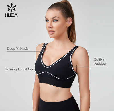 HUCAI ODM Sports Bras Contrast Stitching Topline Open Back V Neck Sportswear Manufacturer