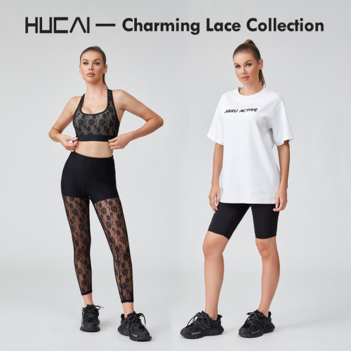 HUCAI Sportswear Manufacturer|Nylon Spandex Elastic Waist Lace Mesh Yoga Leggings For Women