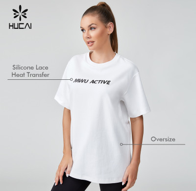 HUCAI Sportswear Manufacturer|Silicone Lace Logo Cotton Heavy Weight Oversized T Shirt For Women