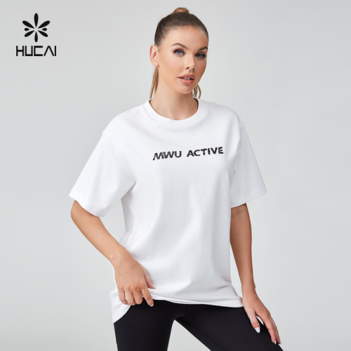 HUCAI Sportswear Manufacturer|Silicone Lace Logo Cotton Heavy Weight Oversized T Shirt For Women