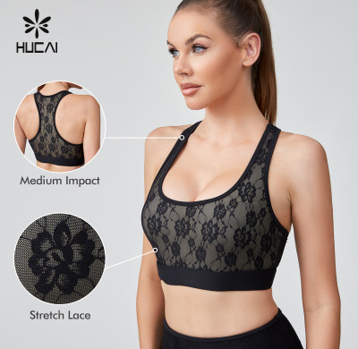HUCAI Sportswear Manufacturer|Sexy Lace Strech Spandex Nylon Racerback Yoga Sports Bra For Women