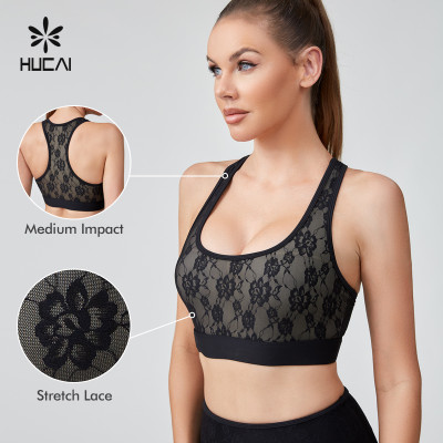 HUCAI Sportswear Manufacturer|Sexy Lace Strech Spandex Nylon Racerback Yoga Sports Bra For Women