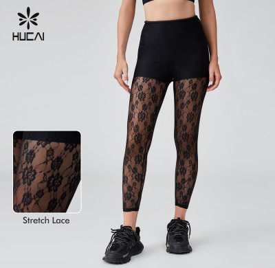 HUCAI Sportswear Manufacturer|Nylon Spandex Elastic Waist Lace Mesh Yoga Leggings For Women