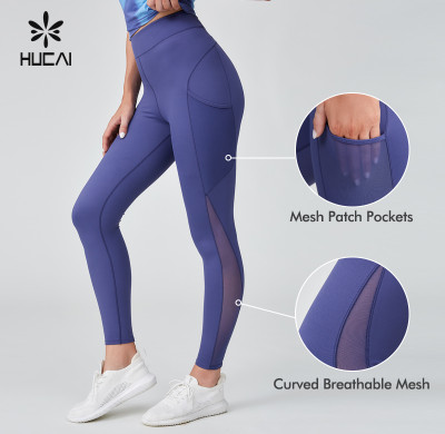 HUCAI Sportswear Manufacturer|Polyester Spandex Elastic Waist Patchwork Mesh Women Sports Legging