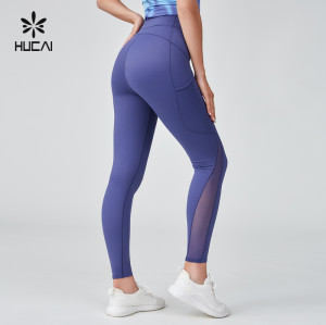 HUCAI Sportswear Manufacturer|Polyester Spandex Elastic Waist Patchwork Mesh Women Sports Legging