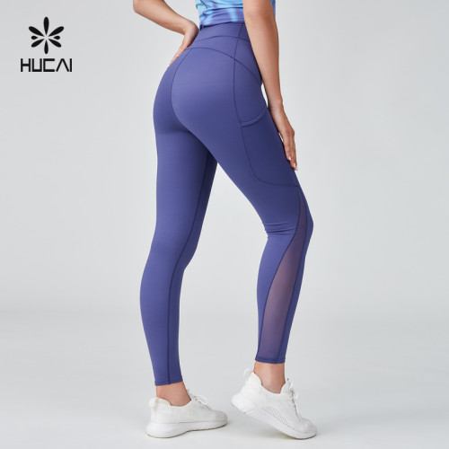 HUCAI Sportswear Manufacturer|Polyester Spandex Elastic Waist Patchwork Mesh Women Sports Legging