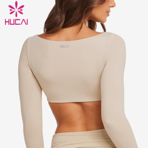HUCAI Sportswear Manufacturer OEM Women Spandex Sexy Square Neck Pleated Sports Long Sleeved