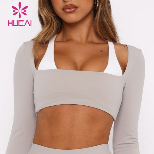 HUCAI Custom 71% Polyester 29% Spandex Square Neck Sexy Yoga Gym Crop Top