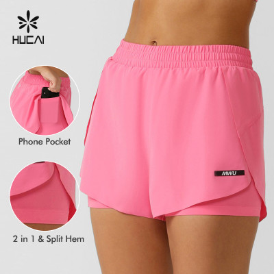 HUCAI Custom Women Sportswear Compressive Lining Phone Pocket 2-in-1 Fitness Running Shorts