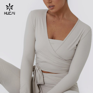 Custom Women Yoga Wrap Crop Top Sexy Knot Cross Sexy Deep V Neck| Hucai Sportswear Manufacturer