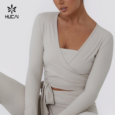 Custom Women Yoga Wrap Crop Top Sexy Knot Cross Sexy Deep V Neck| Hucai Sportswear Manufacturer