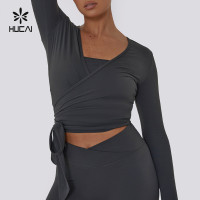 Custom Women Yoga Wrap Crop Top Sexy Knot Cross Sexy Deep V Neck| Hucai Sportswear Manufacturer