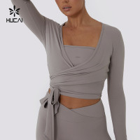Custom Women Yoga Wrap Crop Top Sexy Knot Cross Sexy Deep V Neck| Hucai Sportswear Manufacturer