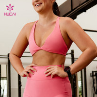 HUCAI Sportswear Custom logo Polyester Sexy Deep V Neck Front Twist Women Sports Yoga Bra
