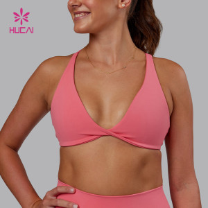 HUCAI Sportswear Custom logo Polyester Sexy Deep V Neck Front Twist Women Sports Yoga Bra