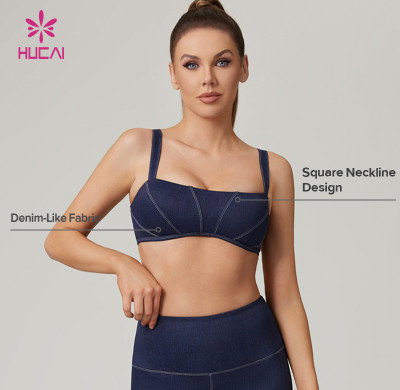 HUCAI Custom high-end Denim-Look Square Neckline High-Stretch Sweat-Wicking Sports Bra