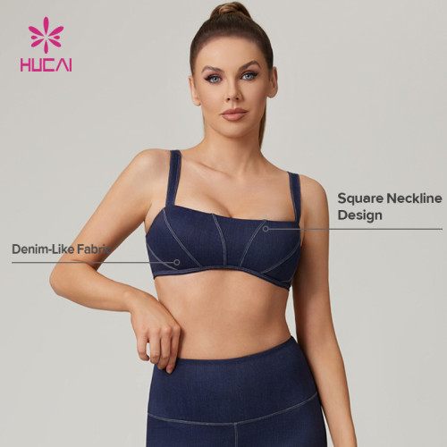 HUCAI Custom high-end Denim-Look Square Neckline High-Stretch Sweat-Wicking Sports Bra
