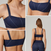 HUCAI Custom high-end Denim-Look Square Neckline High-Stretch Sweat-Wicking Sports Bra
