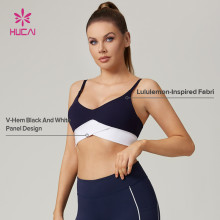 HUCAI Custom V-Hem Black and White Colorblock Yoga Bra in Lululemon-Inspired Fabric