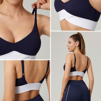 HUCAI Custom V-Hem Black and White Colorblock Yoga Bra in Lululemon-Inspired Fabric