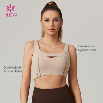 HUCAI Custom Naked Feel Double-Brushed Layered-Look Hollow-Out High-Stretch Yoga Bra