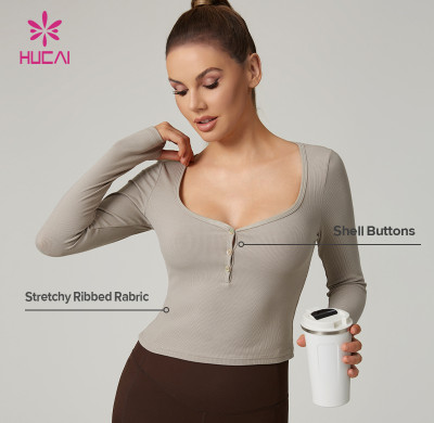 HUCAI Custom Viscose Spandex Square Neck Stretchy Ribbed Slim Fit Women Long Sleeve Yoga Top