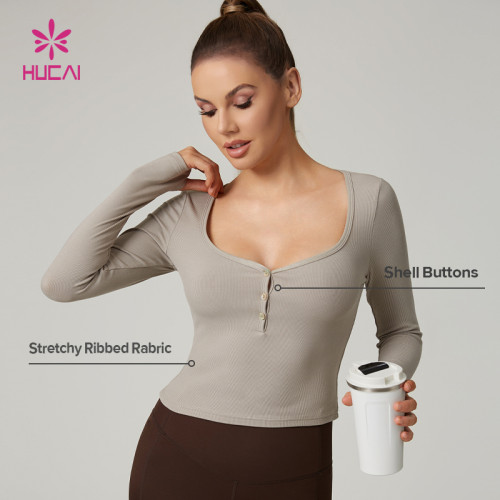HUCAI Custom Viscose Spandex Square Neck Stretchy Ribbed Slim Fit Women Long Sleeve Yoga Top