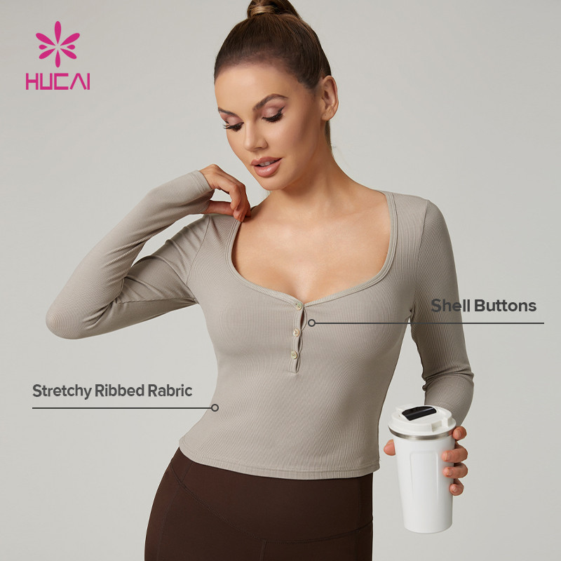 HUCAI Custom Viscose Spandex Square Neck Stretchy Ribbed Slim Fit Women Long Sleeve Yoga Top