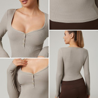 HUCAI Custom Viscose Spandex Square Neck Stretchy Ribbed Slim Fit Women Long Sleeve Yoga Top