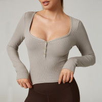 HUCAI Custom Viscose Spandex Square Neck Stretchy Ribbed Slim Fit Women Long Sleeve Yoga Top