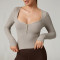 HUCAI Custom Viscose Spandex Square Neck Stretchy Ribbed Slim Fit Women Long Sleeve Yoga Top