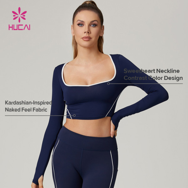 HUCAI Custom Sweetheart Square Neck Yoga Top with Contrast Lines in Kardashian-Inspired Fabric