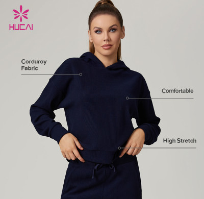 HUCAI Custom High Quality Elastic Corduroy Women's Sports And Leisure Hooded Sweatshirt