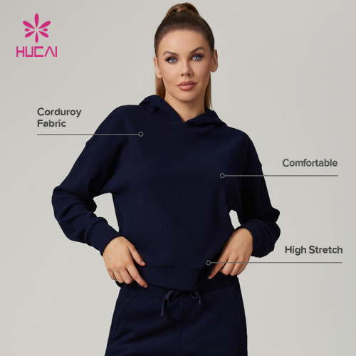 HUCAI Custom High Quality Elastic Corduroy Women's Sports And Leisure Hooded Sweatshirt