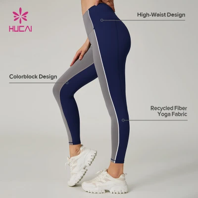 HUCAI Custom Environmentally Friendly Recycled Fiber Color Blocked High Waisted Yoga Pants For Women