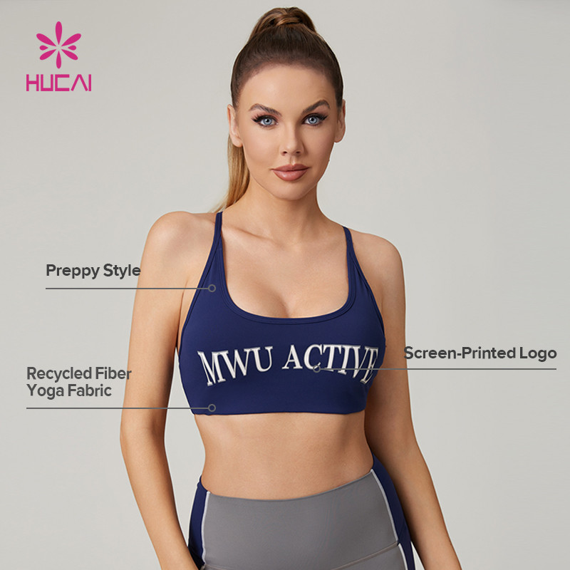 HUCAI Custom High Quality Preppy Style Recycled Printed Logo Sports Bra  For Women