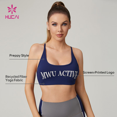 HUCAI Custom High Quality Preppy Style Recycled Printed Logo Sports Bra  For Women