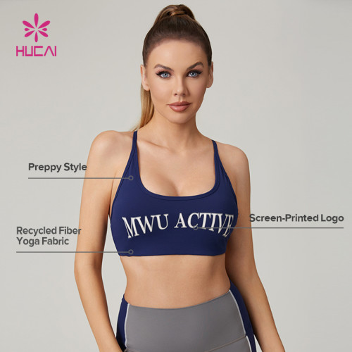 HUCAI Custom High Quality Preppy Style Recycled Printed Logo Sports Bra  For Women