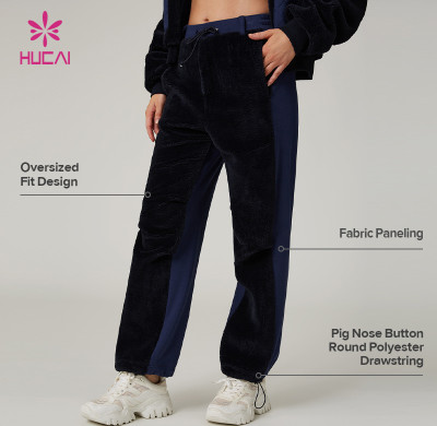 HUCAI Custom High Quality  Oversized Contrast Panels Corduroy Sports Pants For Women