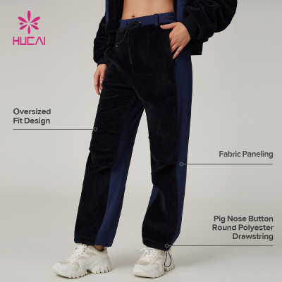 HUCAI Custom High Quality  Oversized Contrast Panels Corduroy Sports Pants For Women