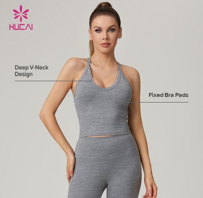 HUCAI Custom Nylon Polyester Slim Fit Deep V-Neck Yoga Tank Top For Women