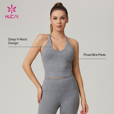 HUCAI Custom Nylon Polyester Slim Fit Deep V-Neck Yoga Tank Top For Women