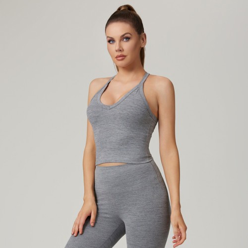 HUCAI Custom Nylon Polyester Slim Fit Deep V-Neck Yoga Tank Top For Women